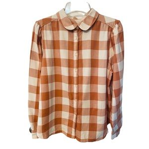 Loft Buffalo Plaid Button Down Puff Long Sleeve Shirt Rust Cream 100% Co…